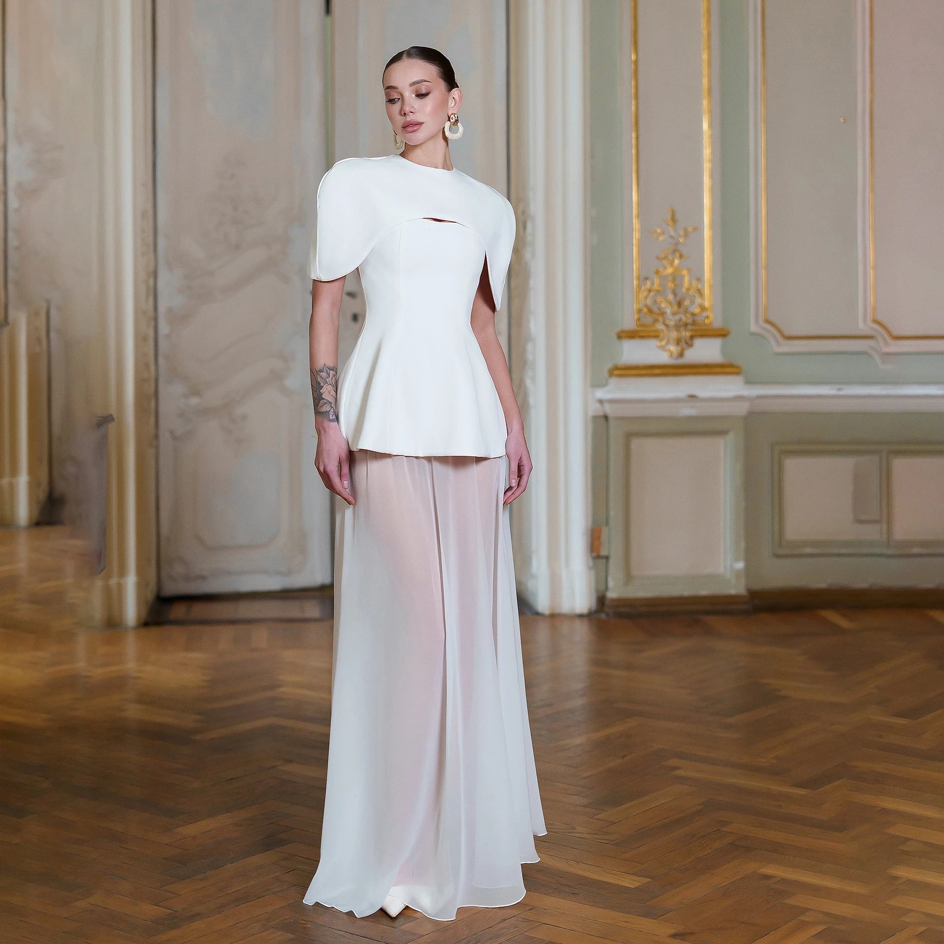 Two-Piece Cape Collar Peplum Bridal Gown
