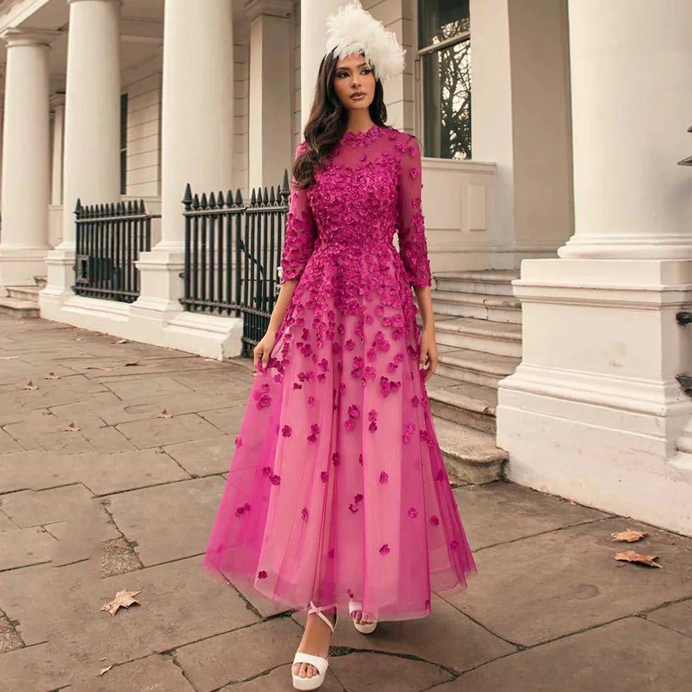 Customized Mother of The Bride Dress High Quality Round Neck 3/4 Sleeves Flowers Ankle Length A Line Wedding Guest Gown