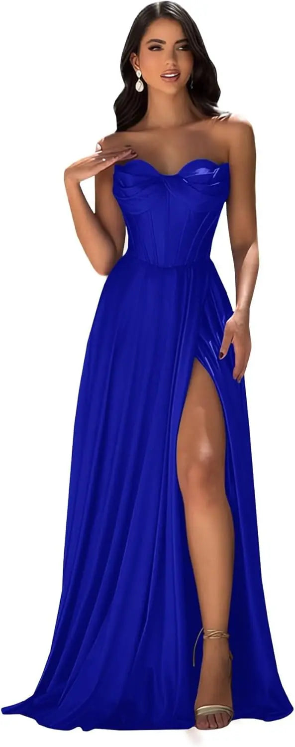Chicbridal Women's Strapless Prom Dress Satin A-Line Long Ball Gown Sweetheart Corset Formal Dress with Pockets And Side Slit