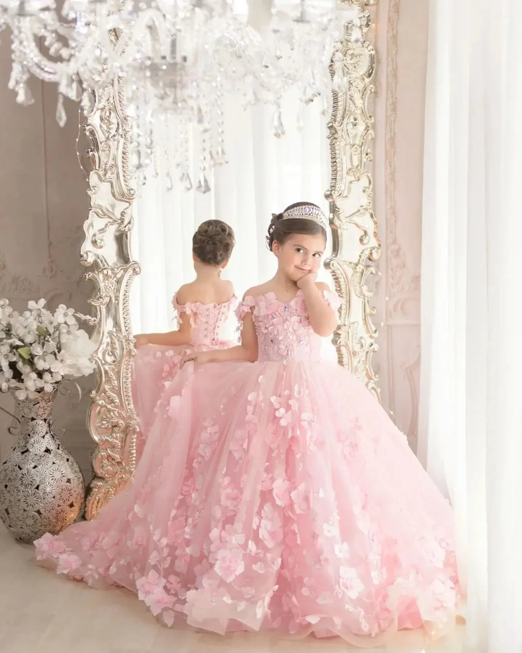 Off-Shoulder Pearl Tulle Flower Girl Dress