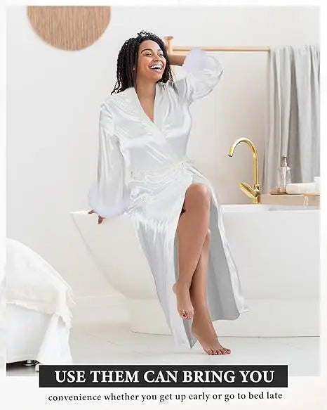Long Satin Feather Trim Bridal Robe