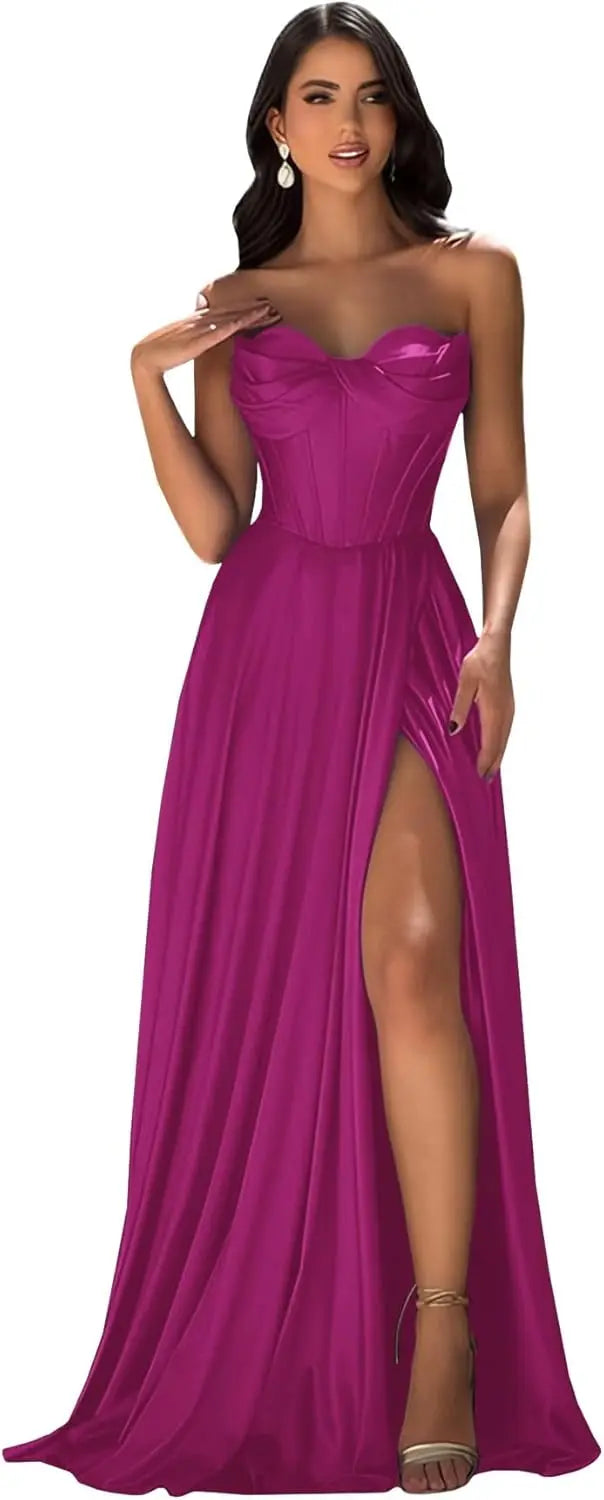 Chicbridal Women's Strapless Prom Dress Satin A-Line Long Ball Gown Sweetheart Corset Formal Dress with Pockets And Side Slit