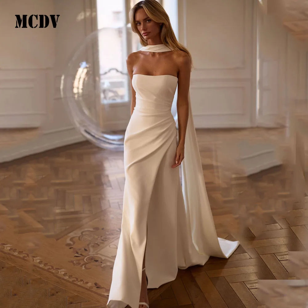 Satin Mermaid Wedding Dress Ribbons Strapless Slit Civil Reception Dresses For Weddings Sweep Train vestido noiva Customized