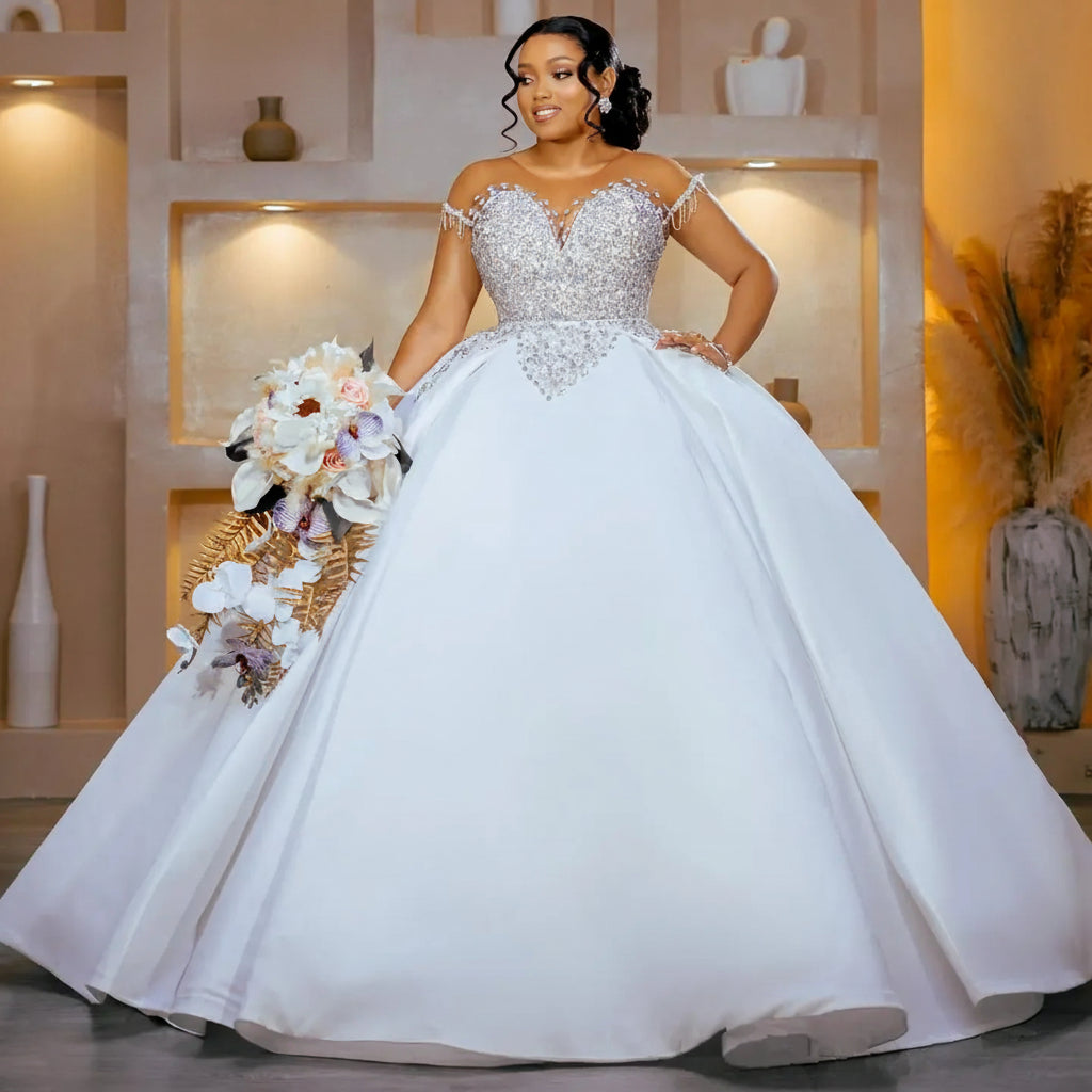 Customized Wedding Dresses For Bride Detachable Train Mermaid Ball Gown Sheer Neck Short Sleeves Beaded Bridal Gowns