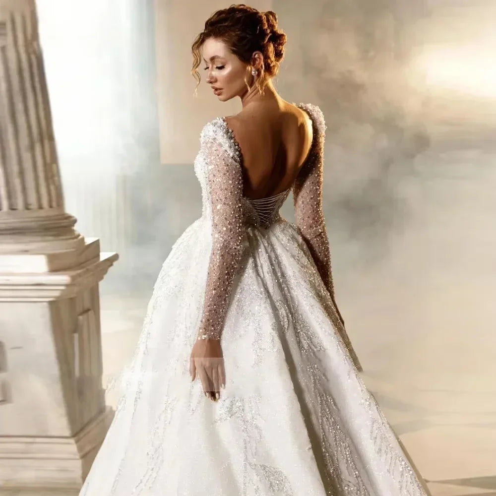 Flavinke Customized Square Neck Wedding Dresses Lace Beading Sequins Princess Ball Gown Bridal Robe De Mariee vestidos de novia
