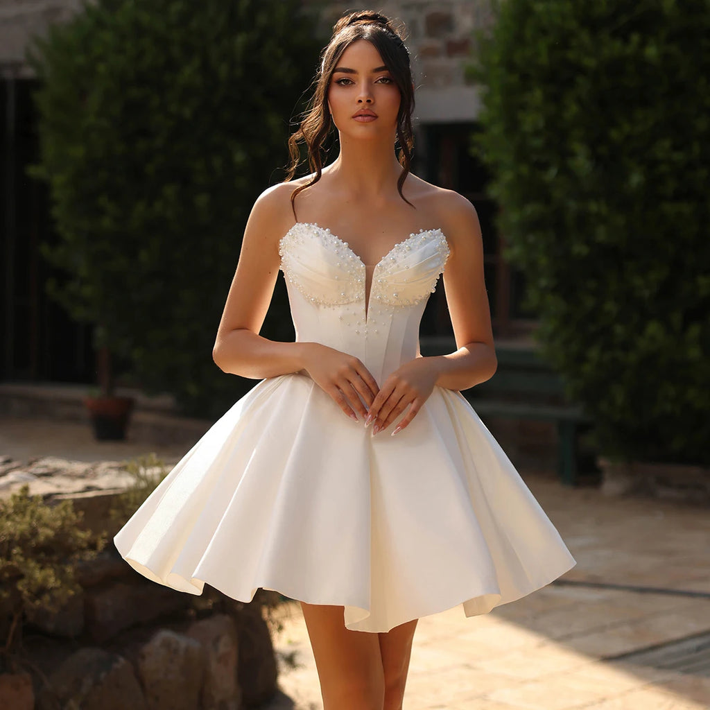 Beaded Strapless Puffy Mini Wedding Dress