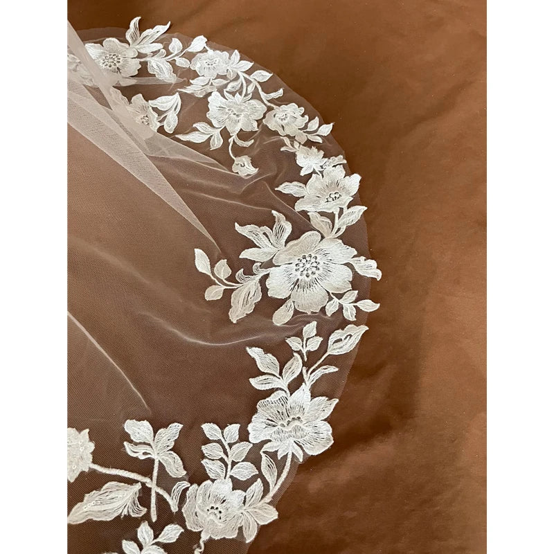 Full Lace Edge Mantilla Wedding Bridal Veils Cathedral Long Embroidered Ivory Tulle Floral Flowers Leaves Outdoor Church Brides