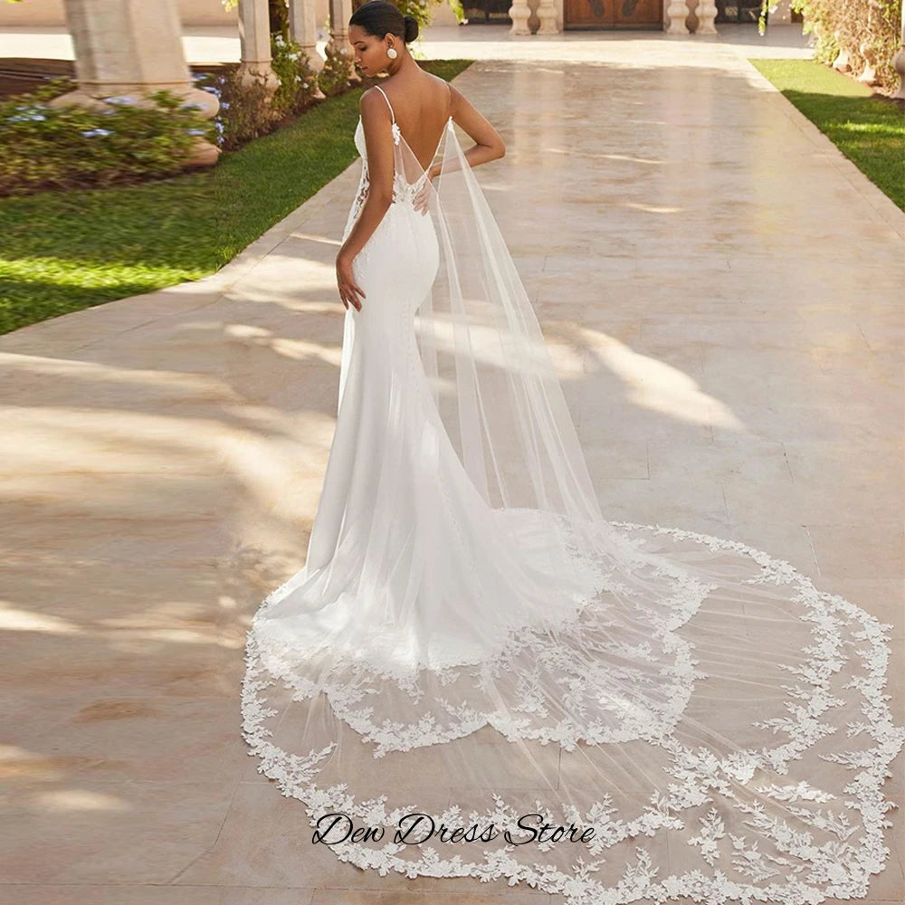 Sexy Deep V-neck Backless Wedding Dress Elegant Satin Mermaid Bridal Gown High Quality Tulle Appliques Customized Robe de mariée
