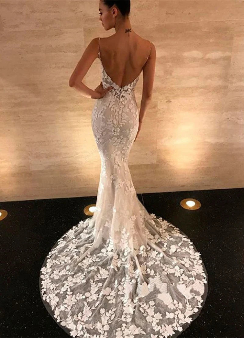Boho Lace Backless Mermaid Wedding Dress