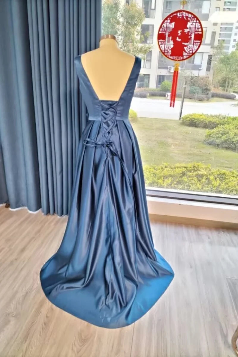 Satin Hi-Low Mother of The Bride Dresses Crew Neck Formal Dress A Line Elegance Wedding Guest Dress with Pockets