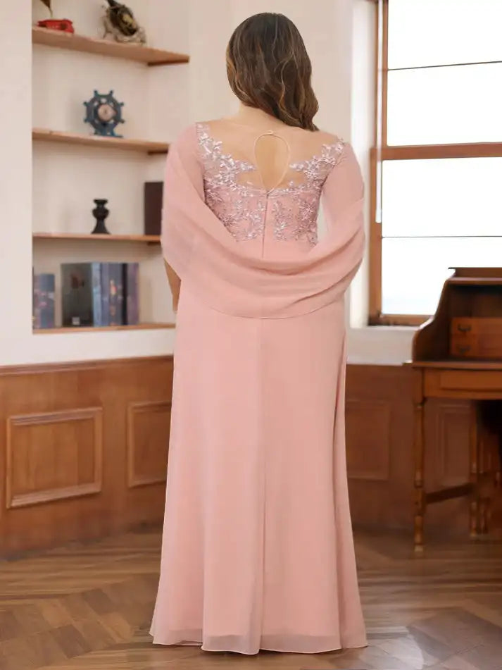 Plus Size Mother of the Bride Dress for Women Lace Applique Pleated Scoop Chiffon Formal Wedding Guest Party Dresses