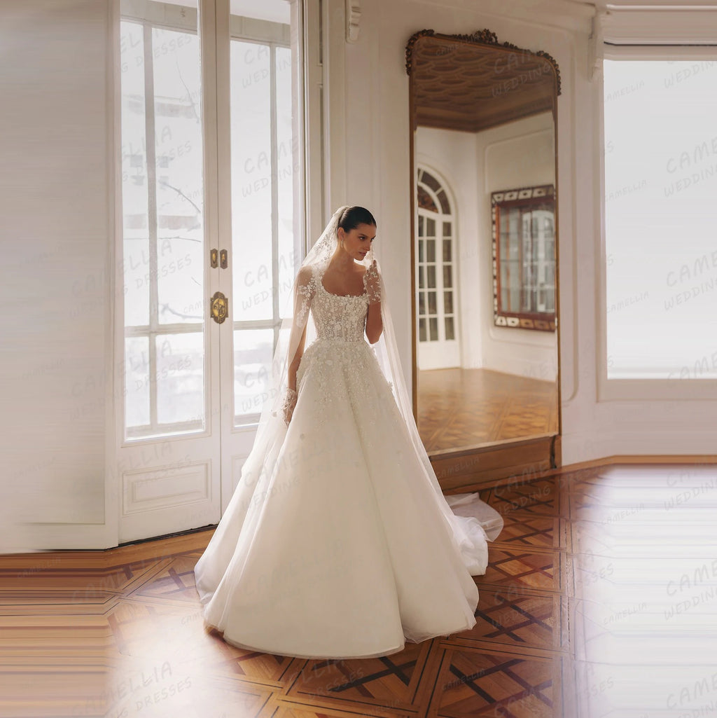 Graceful Elegant Wedding Dresses Women's A Line Long Sleeve Appliques Bridal Gowns Boat Neck Formal Vestidos De Novia Customized