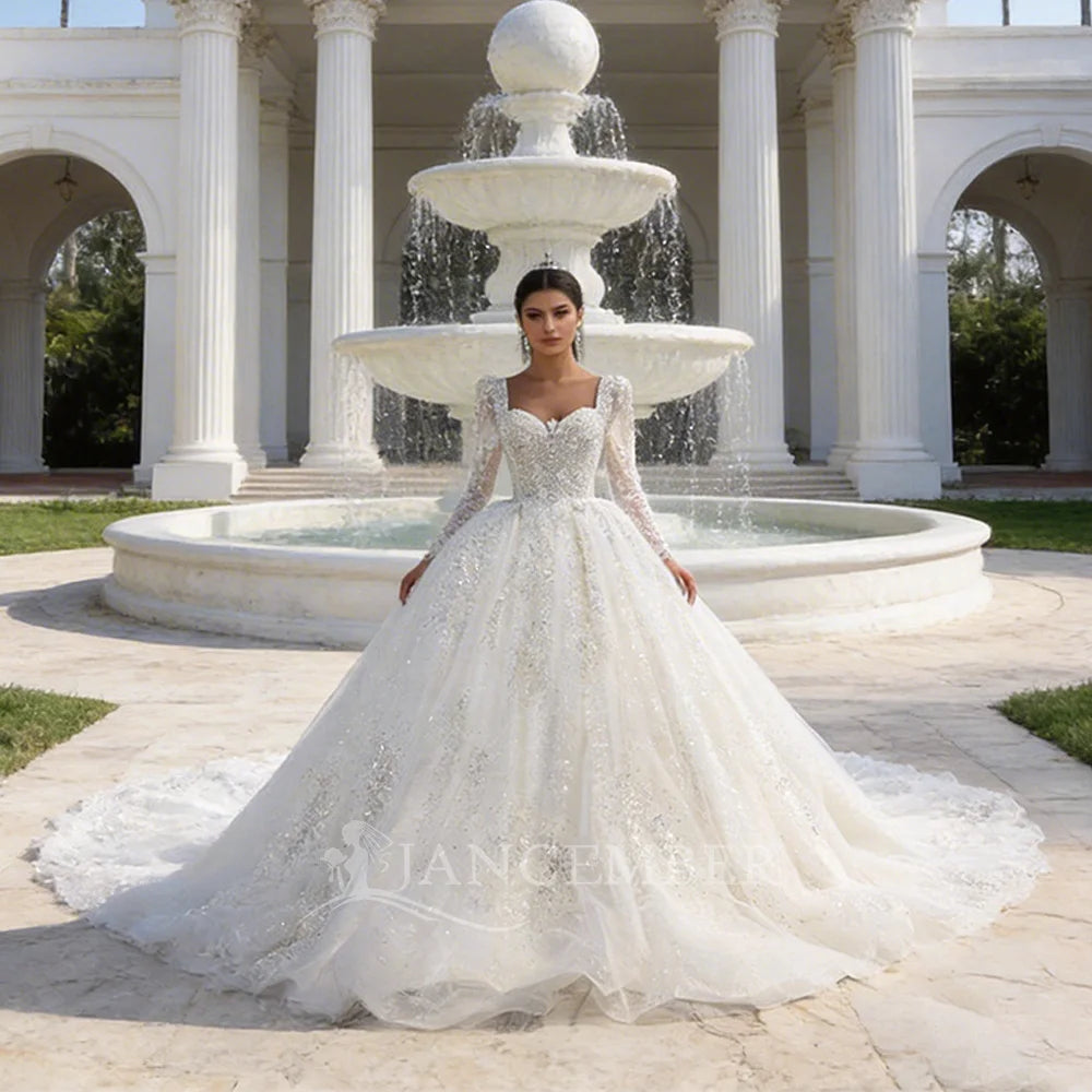 Beaded Crystal Square-Neck Organza Ball Gown Wedding Dress
