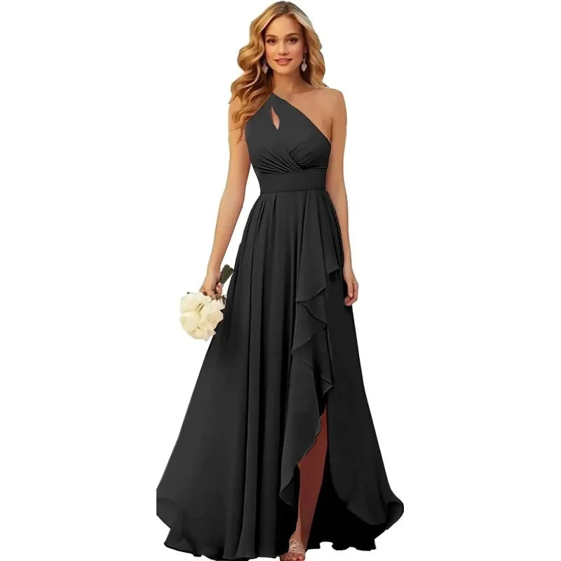 A Line Chiffon Bridesmaid Dresses One Shouder Slit Pleat Elegant Wedding Party Formal Prom Evening Lace Up Back