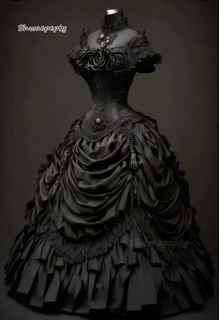 Black Gothic Wedding Dress Pick-Up Ruched Vintage Victorian Bridal Gown Off Shoulder Corset Vestido Customized
