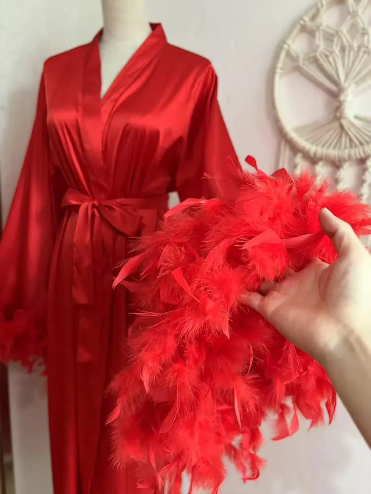 Feather Robe Long Cardinal Red Bridal Lingerie Softest Bridal Robe with Feather Boudoir Silk Kimono Bridesmaid Dressing Gown New