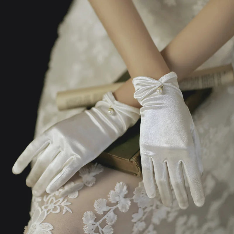 1 Pair Vintage bridal Wedding Gloves White Bride Dress Gloves Mesh Bow Pearl Short Lace Gloves Wedding Accessories