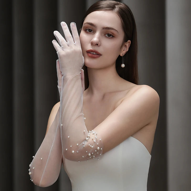 Bridal Gloves Heavy Handmade Beading Elegant Long Elegant Slim Wedding Dinner Party Tulle Gloves Wedding Accessories