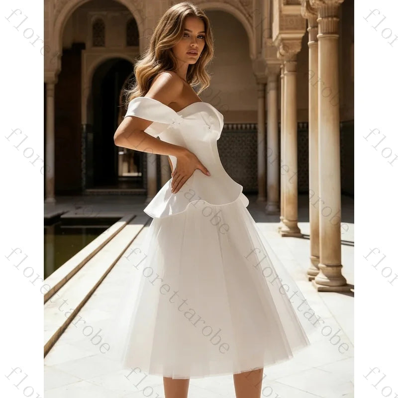 Off-Shoulder Peplum Midi Wedding Dress