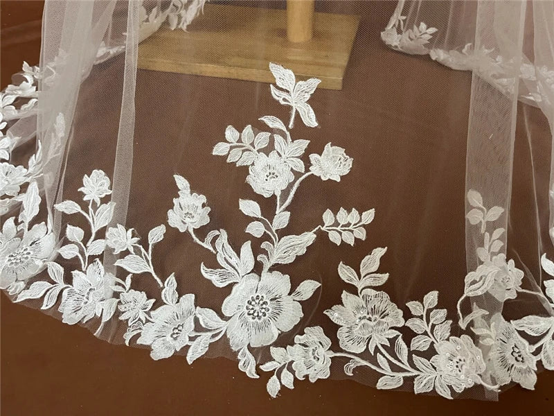 Full Lace Edge Mantilla Wedding Bridal Veils Cathedral Long Embroidered Ivory Tulle Floral Flowers Leaves Outdoor Church Brides