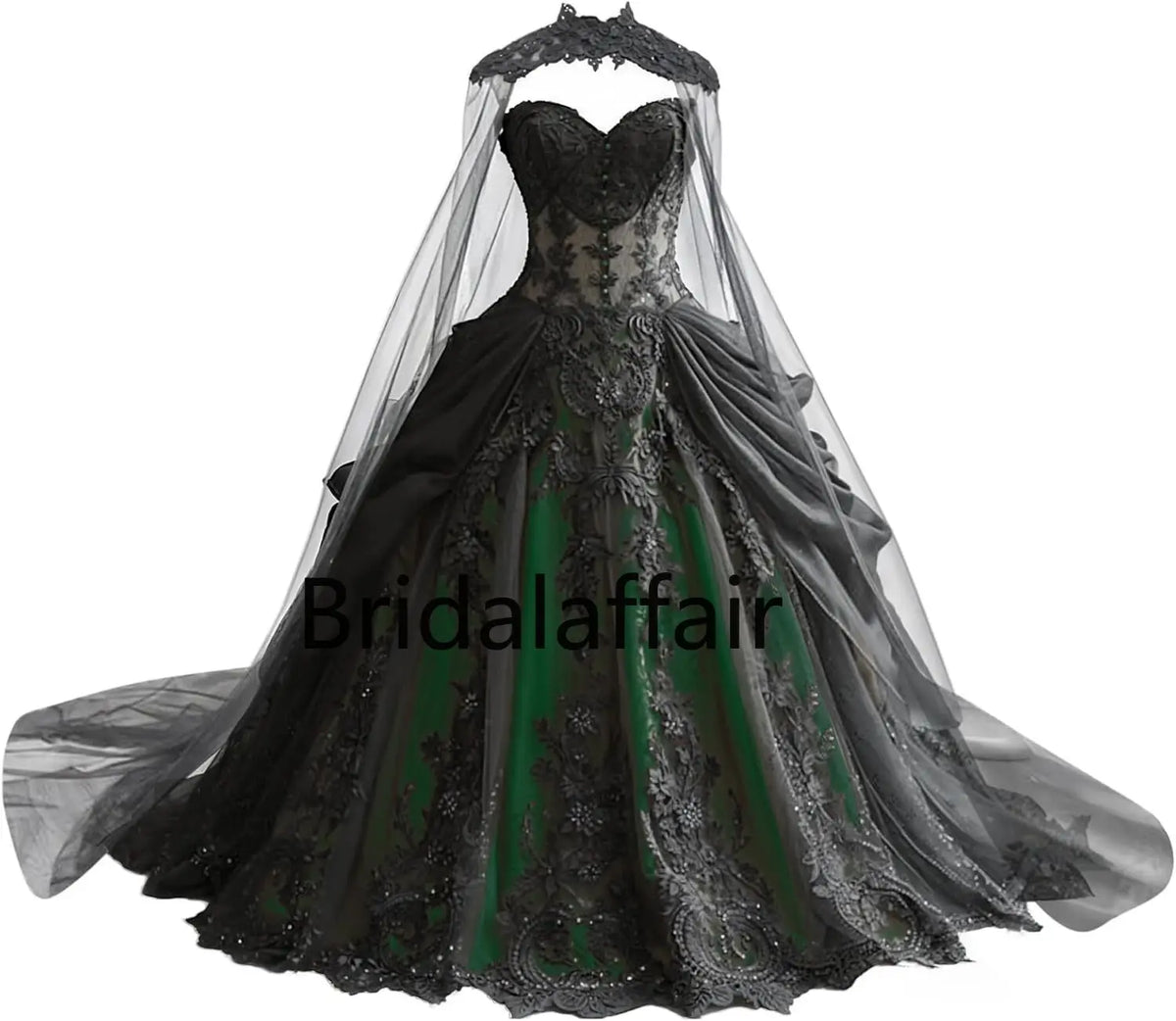 Gothic Weeding Dresses for Brides Black Lace Applique Bridal Dresses Embroidery Tiered Tulle Wedding Gowns with Cape