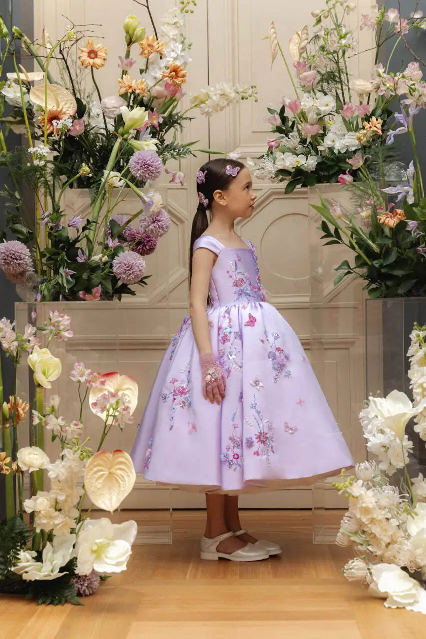 Floral Applique Tea Length Flower Girl Dress