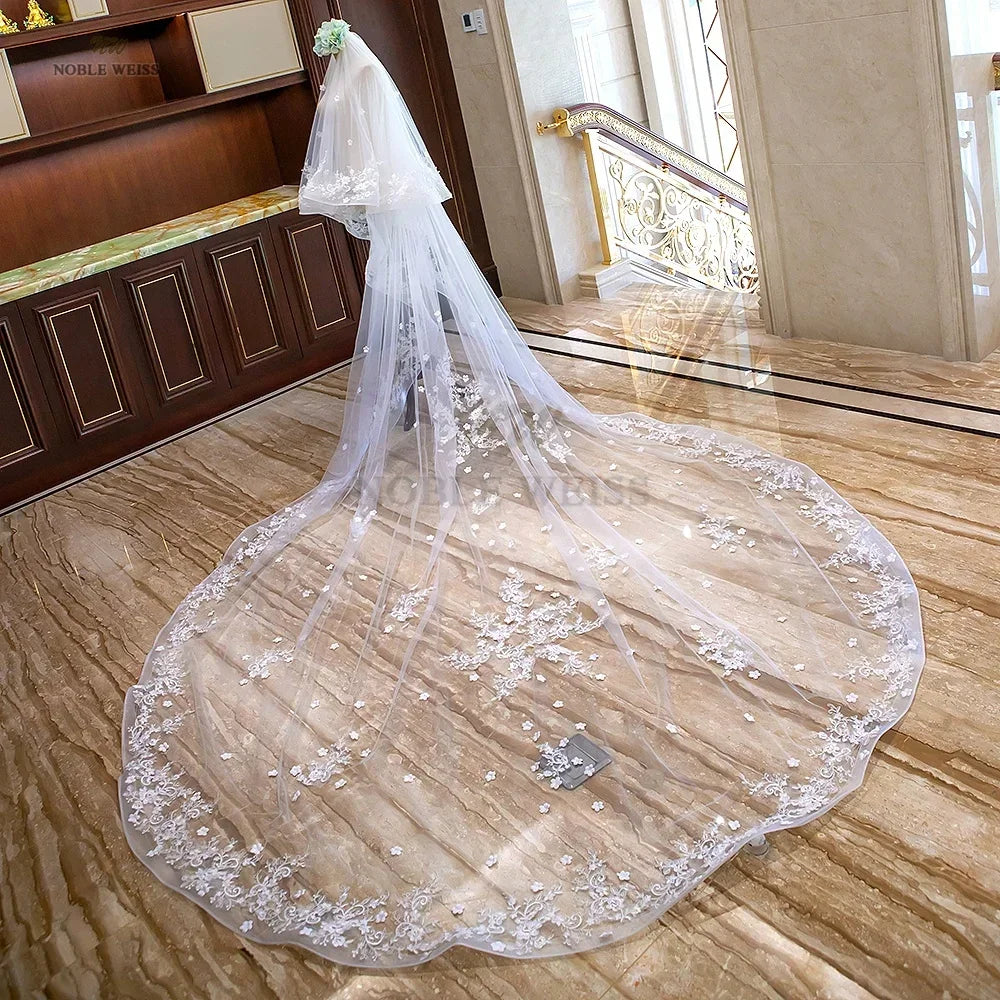 Long Wedding Veils With Comb Two Layers Appliques Bride Veil Lace Edge Tulle Veils Accessories 3m*4m Customized