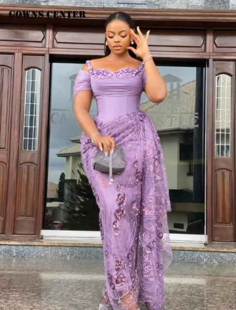 Fabulous Brown Lace Evening Dresses African Traditional Wedding Bride Dress Luxury Beads Lace Birthday Dress Asoebi Costomized