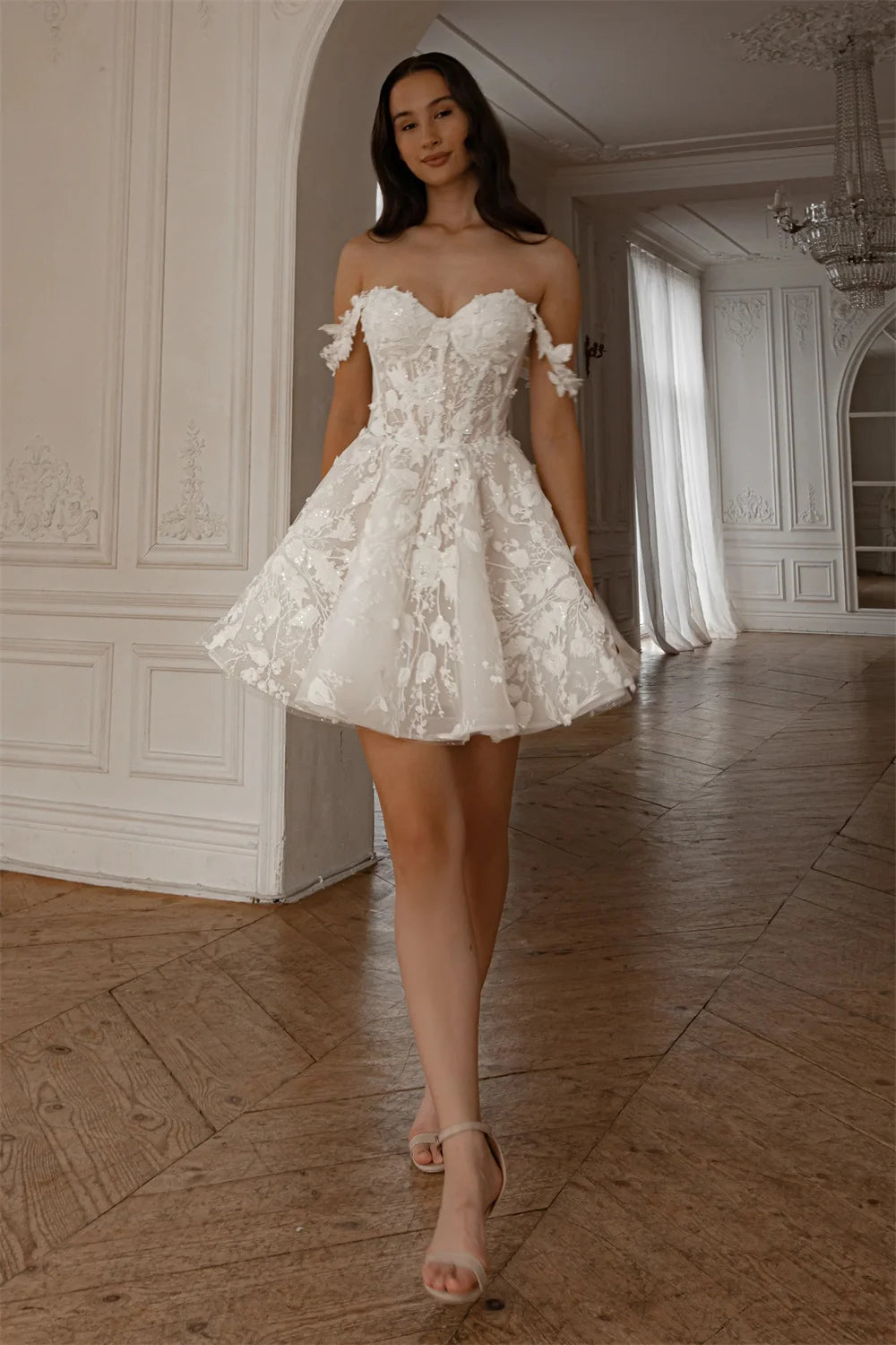 Beautiful Two Straps Sweethat Full 3d Flower Lace Appllque Short/Mini Wedding Dresses Custom Made Bridal Grown Vestido De Noival