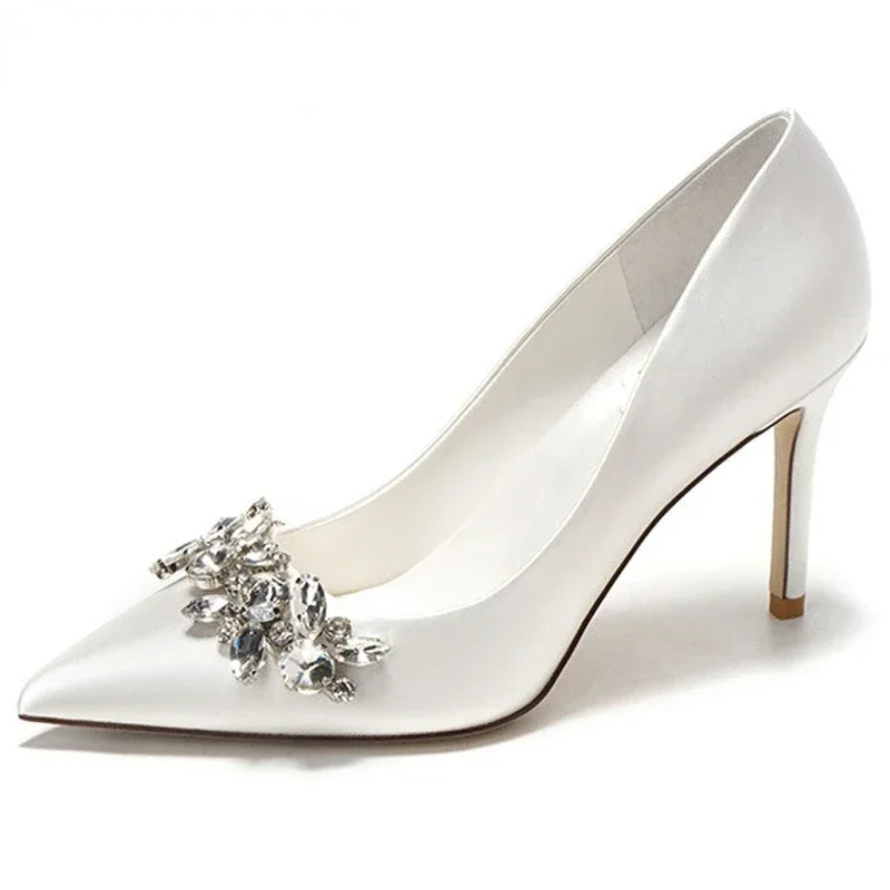 New White Champagne Women Bridal Wedding Shoes Faux Silk Satin Rhinestone Crystal Shallow Pumps Stiletto High Heel