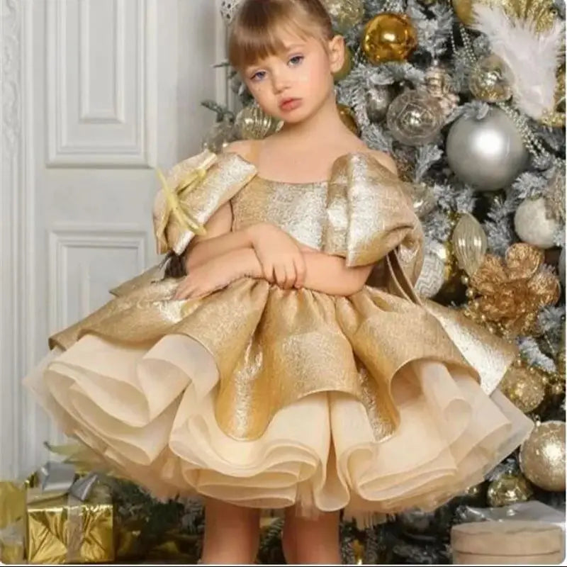 Puffy Satin Glitter Flower Girl Dress