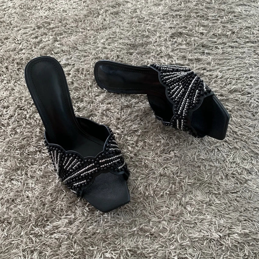 Elegant Summer High Heels Women Mules Sandals Open Toe Pearl Beaded Female Stilettos Slip on Party Wedding Dress Shoes Woman