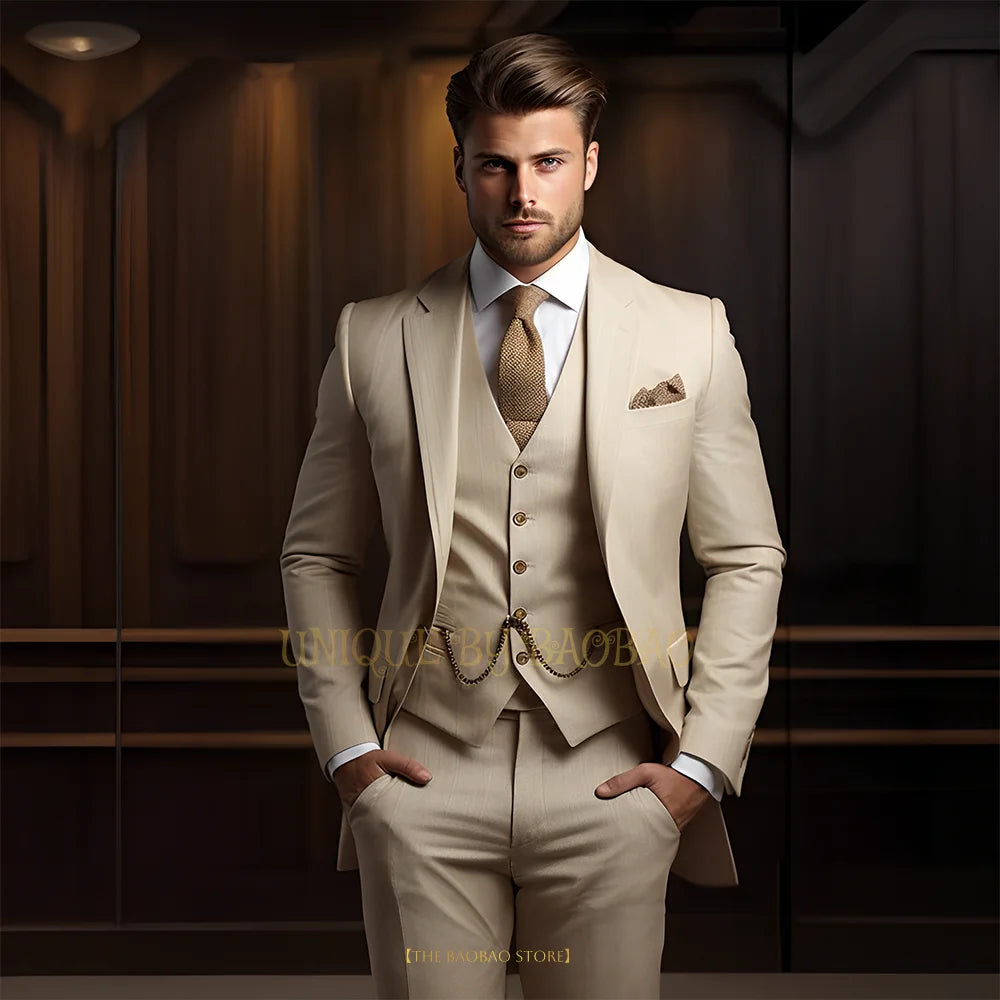 Men's Grey 3-Piece Suit (Jacket + Vest + Trousers) Elegant Classic Wedding Attire, Custom Banquet Birthday Party Tuxedo
