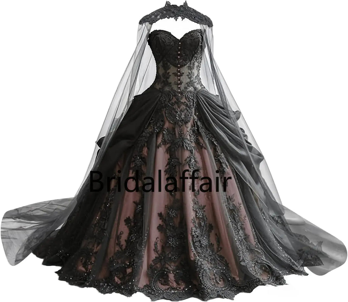 Gothic Weeding Dresses for Brides Black Lace Applique Bridal Dresses Embroidery Tiered Tulle Wedding Gowns with Cape