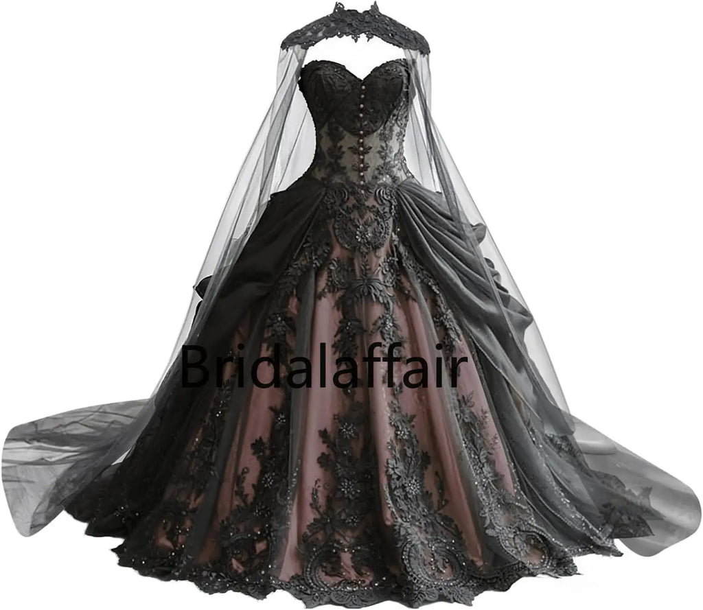 Gothic Weeding Dresses for Brides Black Lace Applique Bridal Dresses Embroidery Tiered Tulle Wedding Gowns with Cape