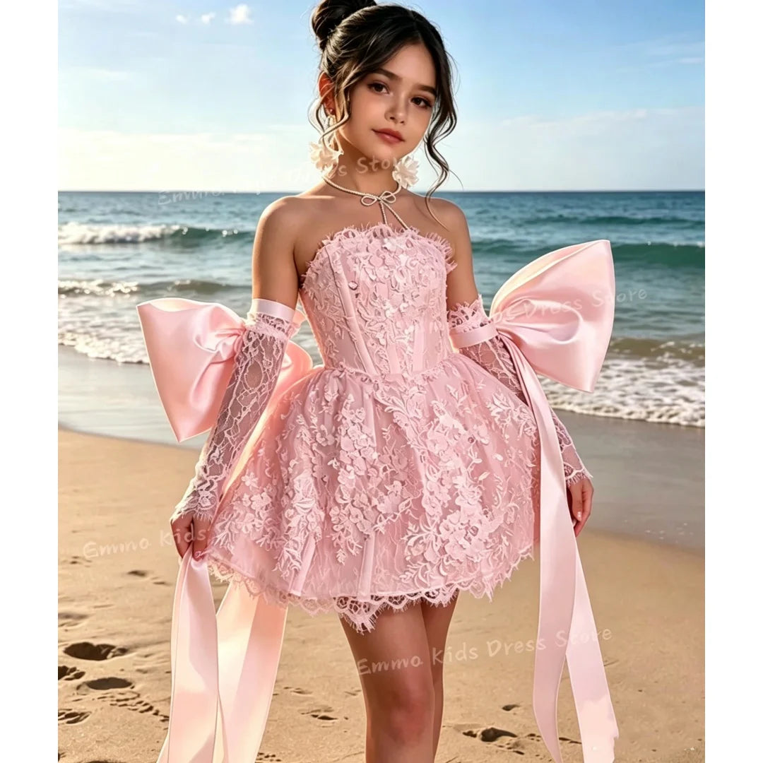 Custom Flower Girl Dress White Tulle Wedding Floral Appliqué Multi-layer Sleeveless Suitable for S and Communion