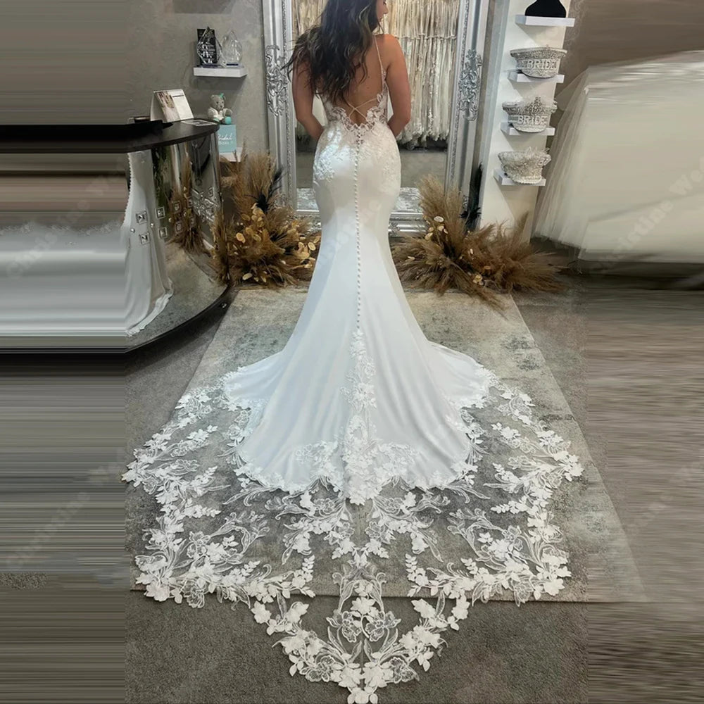 Elegant Women Women Wedding Dresses Sexy V-Neck Lace Printing Mermaid Robes Mopping Length Princess Vestido De Novias Customized