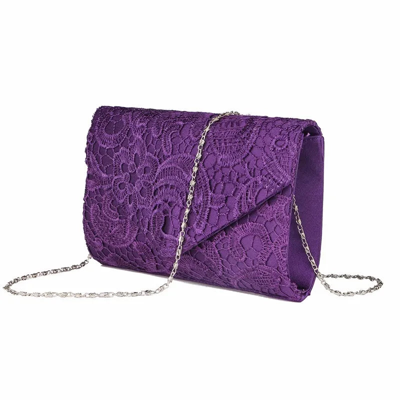 Ladies Silk Evening Bag Vintage Elegant Purple Lace Flower Bridal Clutches For Women Party Handbag Prom Chain Shoulder Bag Purse