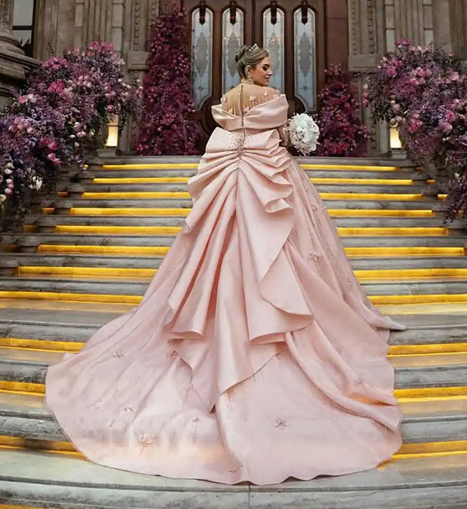 Gorgeous Pink Wedding Dresses Ball Gown Appliques Off The Shoulder Princess Bride Wedding Dress Customized Vestidos De Novia