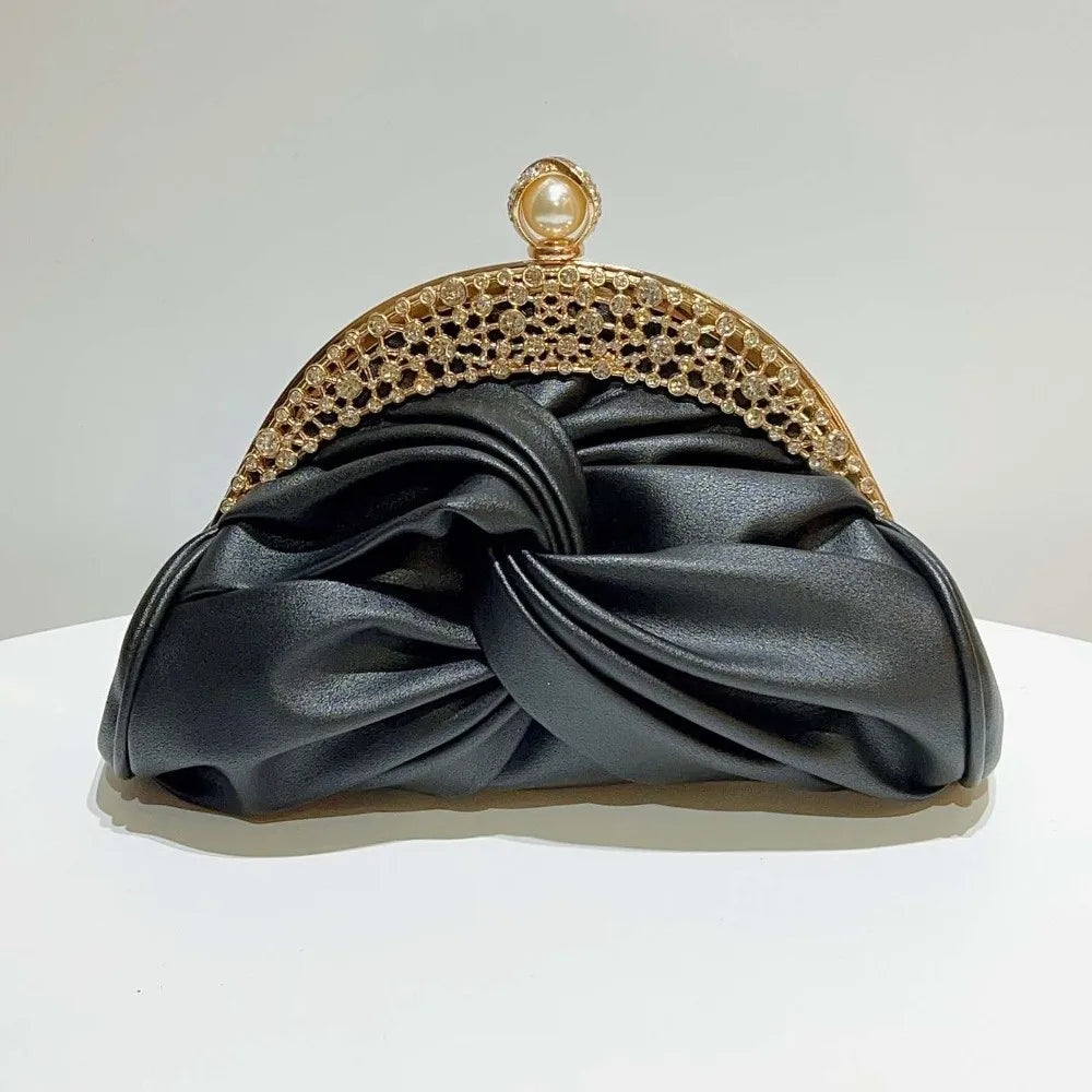 Sparkly Rhinestone Evening Clutch Pleated Satin-like Bridal Wedding Purse Glittery Chic Luxury Party Pochette Bride
