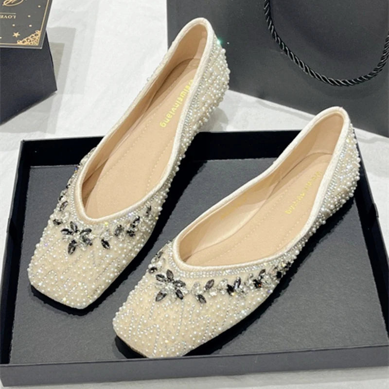 Luxury String Bead Rhinestone Brand Flat Shoes Women Comfort Square Toe Shallow Design Shoes Fashion Elegant Wedding Bridal Shoe