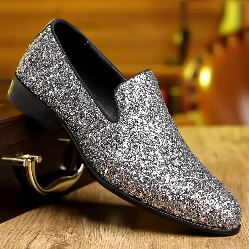 Men Formal Party Shoes New Luxury Loafers Men Gold Silver Sequin Wedding Shoe Fashion Designer Slip on Flats High Quality