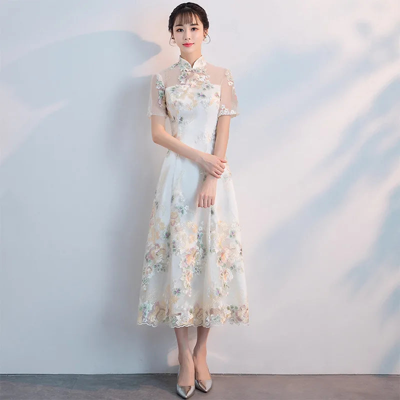 Floral Embroidered Satin Cheongsam Gown
