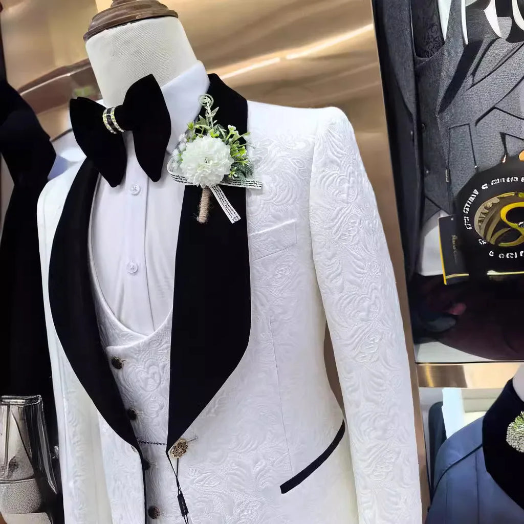 Thorndike Mens Wedding Suits White Jacquard with Black Satin Collar Tuxedo3 Pcs Groom Terno Suits for Men(Jacket+Vest+Pants)