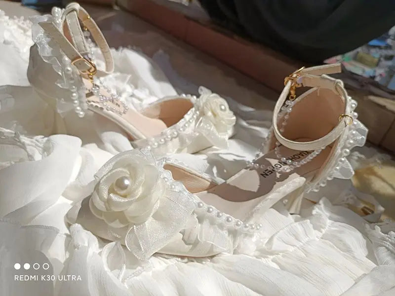 Lolita elegant party dresses for women 2024 wedding bridal shoe pointed toe heels Pretty shoes designer ladies heel beige high-e