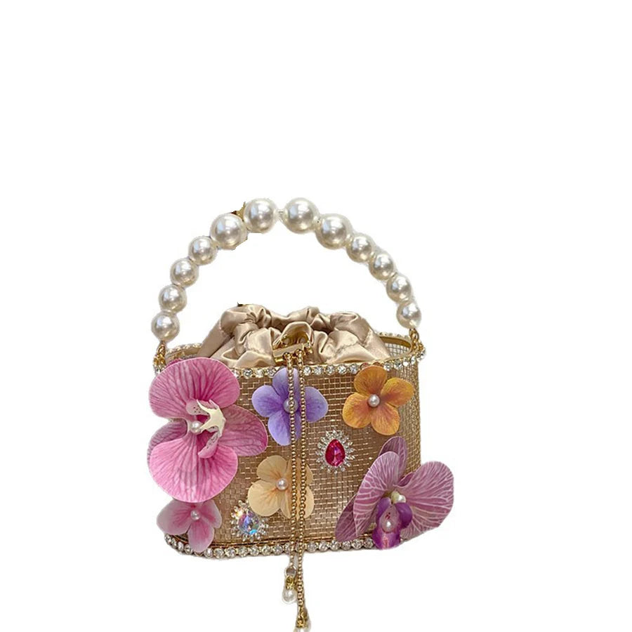 Beaded Handle Clutch Purse for Women Flower Crossbody Bag Birdcage Diamond Handbag Evening Bag Wedding Party Banquet Bucket Bags
