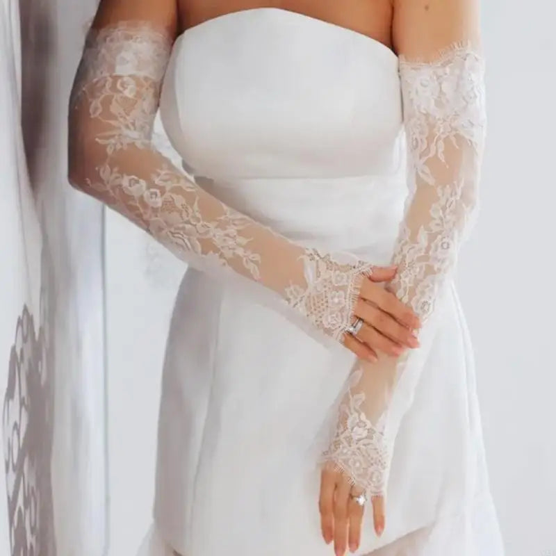 Long Sheer Bridal Gloves Elegant Lace Flower Fingerless Arm Sleeves for Weddings