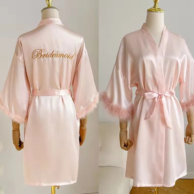 Feather Trim Satin Bridal Robe