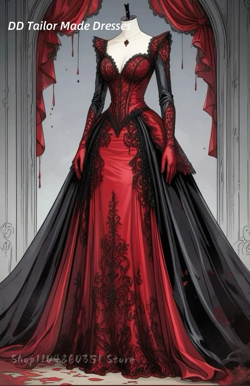 Full Sleeves Vampire Gothic Wedding Dress Lace Appliques A-Line Long Vintage Victorian Corset Bridal Gown Customized