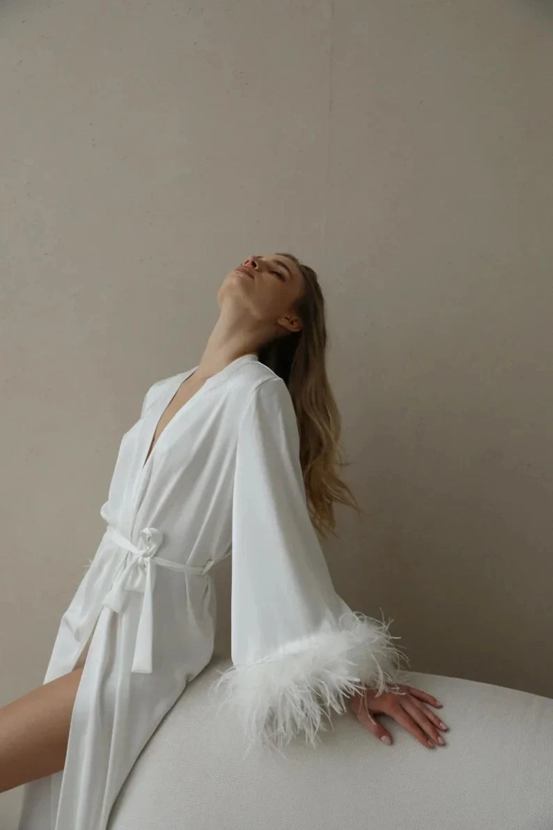 Bridal Feather Robe For Bride Wedding Dressing Gown Maxi Bridal Satin Robes Marabou White Boudoir Dress Long Silk Bridesmaid